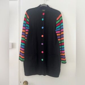 Bob Mackie Wearable Art black cardigan striped sleeves colorful buttons M (W124)